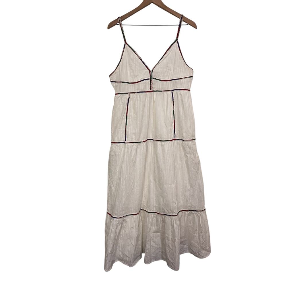 Caroline Constas V-Neck Beaded Embroidered Tiered Midi White Dress Large Flawed